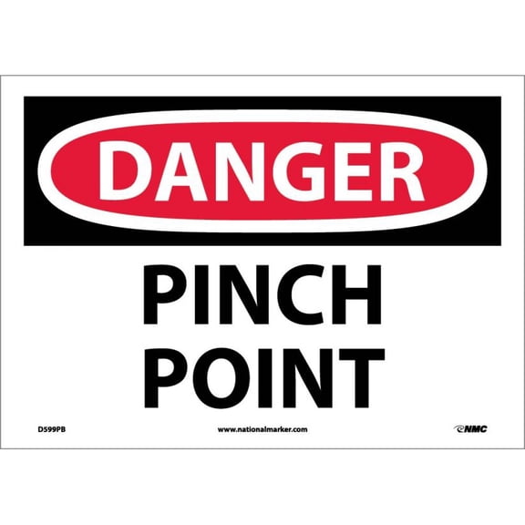 nmc d599pb osha sign, legend "danger - pinch point", 14" length x 10" height, pressure sensitive vinyl, black/red on white