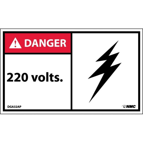 NMC Signs Dga32Ap, Danger 220 Volts Label, 3 X 5, Pressure Sensitive Vinyl .0045