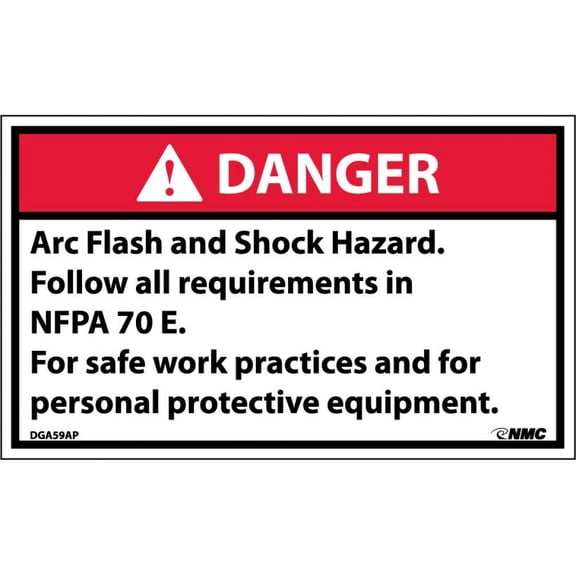 NMC Signs Dga59Ap, Danger Arc Flash And Shock Hazard Label, 3 X 5, Pressure Sensitive Vinyl .0045