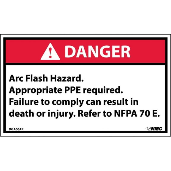 NMC Signs Dga60Ap, Danger Arc Flash And Shock Hazard Label, 3 X 5, Pressure Sensitive Vinyl .0045