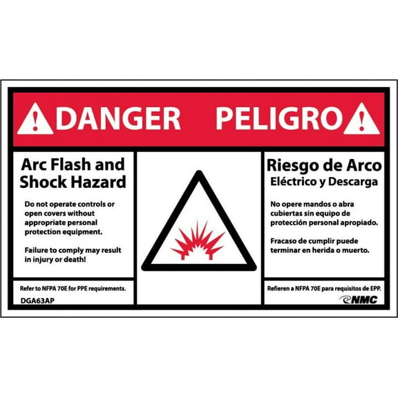 NMC Signs Dga63Ap, Danger Arc Flash And Shock Hazard Label, 3 X 5, Pressure Sensitive Vinyl .0045