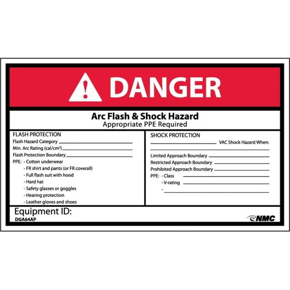 NMC Signs Dga64Ap, Danger Arc Flash And Shock Hazard Label, 3 X 5, Pressure Sensitive Vinyl .0045