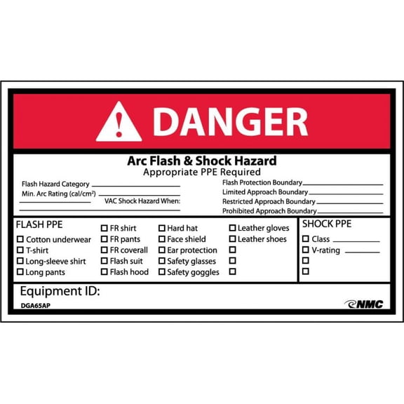 NMC Signs Dga65Ap, Danger Arc Flash And Shock Hazard Label, 3 X 5, Pressure Sensitive Vinyl .0045