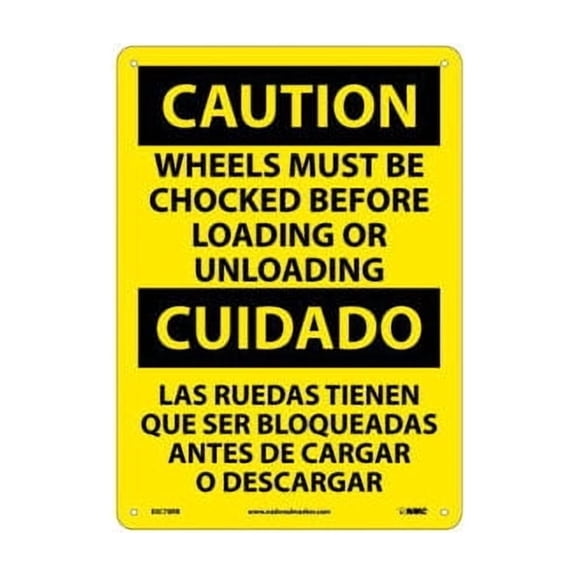 Accuform Manufacturing B65517 NMC Bilingual Plastic Sign - Wheels Must Be Chocked Before Loading Unloading - 10 x 14 in. - Yellow