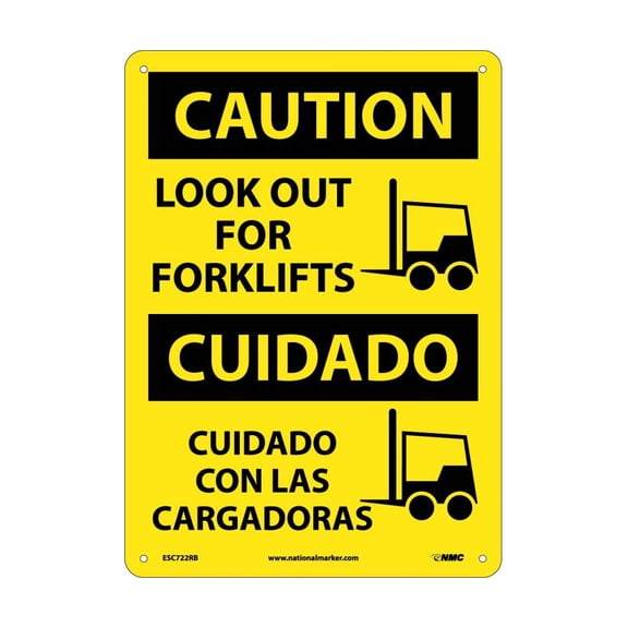 NMC Signs Esc722Rb, Caution Look Out For Forklifts Sign - Bilingual, 14 X 10, Rigid Plastic .050