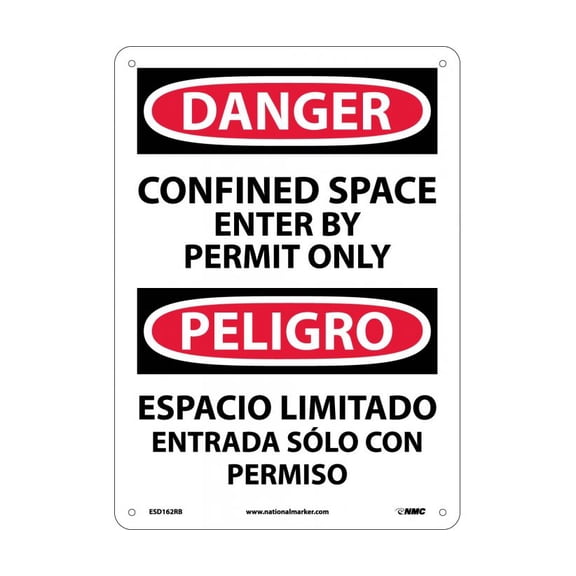 NMC Signs Esd162Rb, Danger Confined Space Permit Only Sign - Bilingual, 14 X 10, Rigid Plastic .050