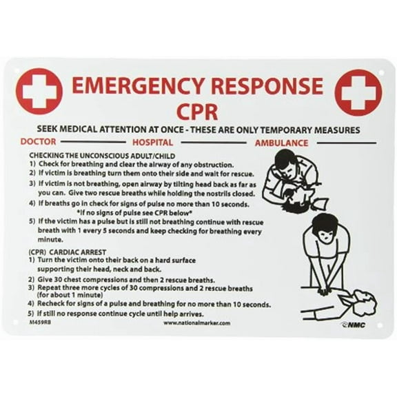 NMC M459RB CPR Response Sign, Legend "CPR EMERGENCY RESPONSE", 14" Length x 10" Height, Rigid Polystyrene Plastic, Red/Black on White