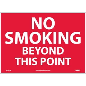 nmc m721pb no smoking sign, legend "no smoking beyond this point", 14" length x 10" height, pressure sensitive vinyl, white on red