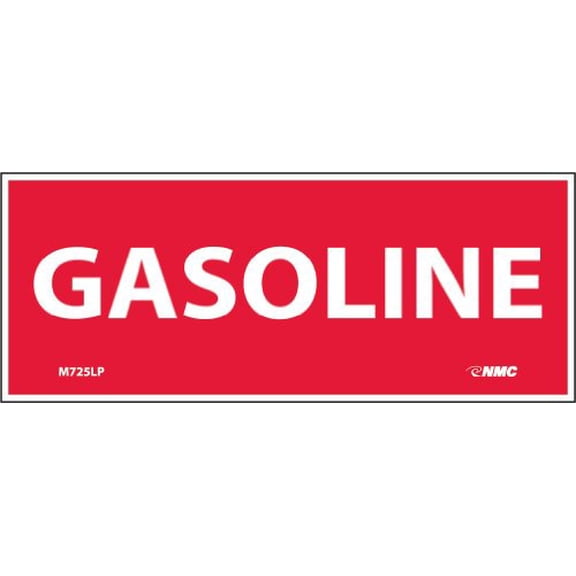 NMC M725LP Flammable/Combustible Sign, "GASOLINE", 5" Width x 2" Height, Pressure Sensitive Vinyl, White On Red