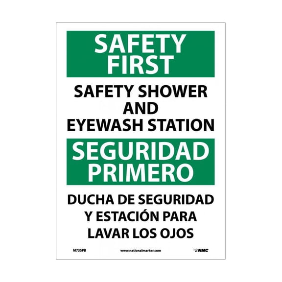 NMC Signs M735Pb, Safety First Shower And Eyewash Station Sign - Bilingual, 14 X 10, Pressure Sensitive Vinyl .0045
