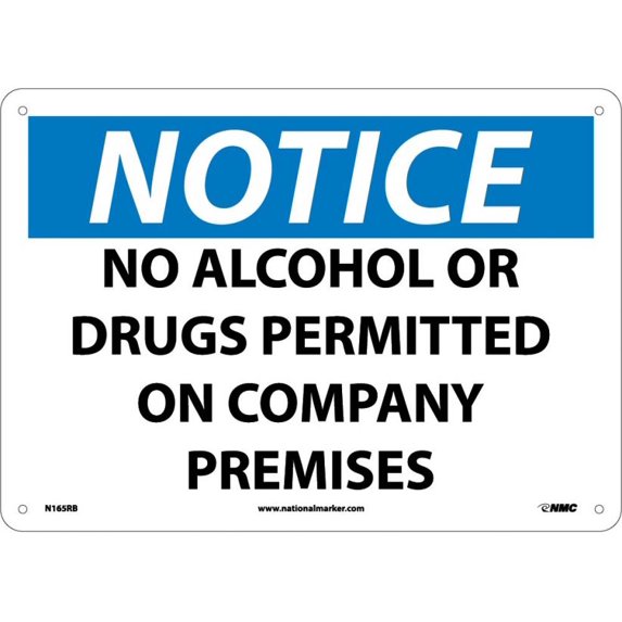 NMC Signs N165Rb, Notice No Alcohol Or Drugs Permitted Sign, 10 X 14, Rigid Plastic .050