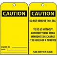 thumbnail image 1 of NMC 3" High x 6" Long, CAUTION, English Safety & Facility Accident Prevention Tag Tag Header: CAUTION, 2 Sides, Black & Yellow Unrippable Vinyl, 1 of 1