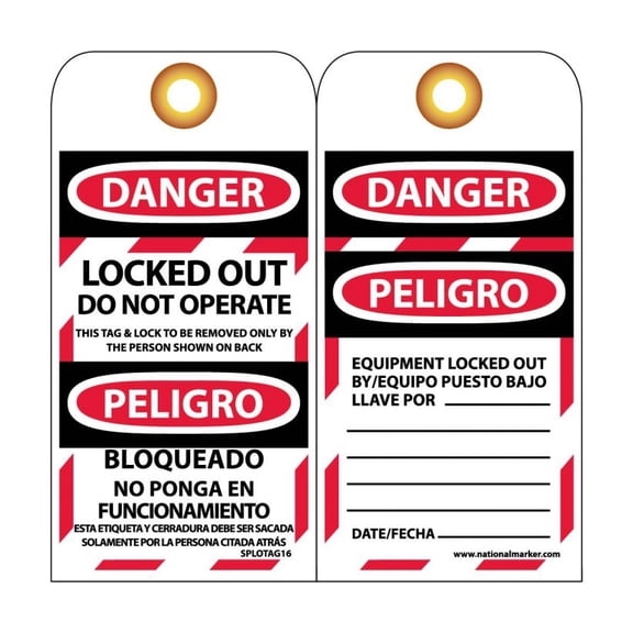 NMC Signs Splotag16, Danger Locked Out Do Not Operate Bilingual Tag, 6 X 3, Unrippable Vinyl .015