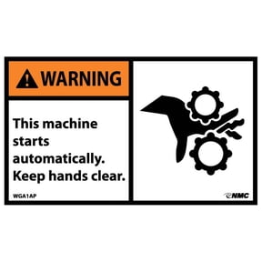 NMC Signs Wga1Ap, This Machine Starts Automatically Label, 3 X 5, Pressure Sensitive Vinyl .0045