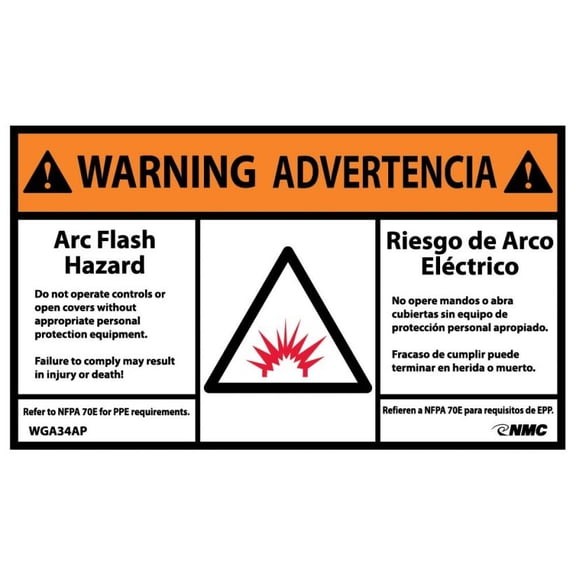 NMC Signs Wga34Ap, Warning Arc Flash Hazard Label, 3 X 5, Pressure Sensitive Vinyl .0045