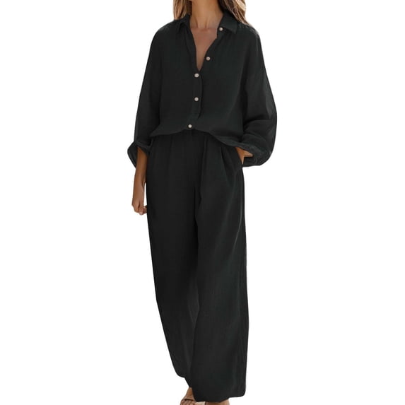 NMMUED 2 Piece Outfits for Women Casual Lounge Sets Long Sleeve Button Down Shirts and Wide Leg Pants Sets Tracksuit Matching Sets Women Clothing Black L