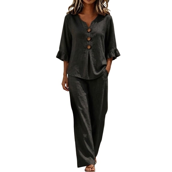 NMMUED 2 Piece Outfits for Women Cotton Linen V Neck Ruffle Sleeve Button Top Wide Leg Pants Set Casual Summer Lounge Matching Suits Black L