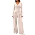 thumbnail image 1 of NMMUED 2 Piece Outfits for Women Long Sleeve Wrap V Neck Top Pleated Wide Leg Pants Set Casual Elegant Lounge Matching Suits Beige L, 1 of 9