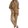 thumbnail image 1 of NMMUED 2 Piece Sets for Women Fall Pants Sets Women 2 Piece Outfits Womens Linen Set Long Sleeve Two Piece Sets for Women Womens Loungewear Set, Khaki S, 1 of 5