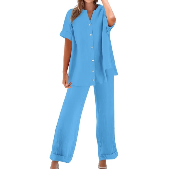 NMMUED 2 Piece Sets for Women Linen Sets for Women 2 Piece Loungewear Sets Woman Pants Sets Women 2 Piece Outfits Long Sleeve Button Down Shirt Wide Leg Pants, Sky Blue XXXL