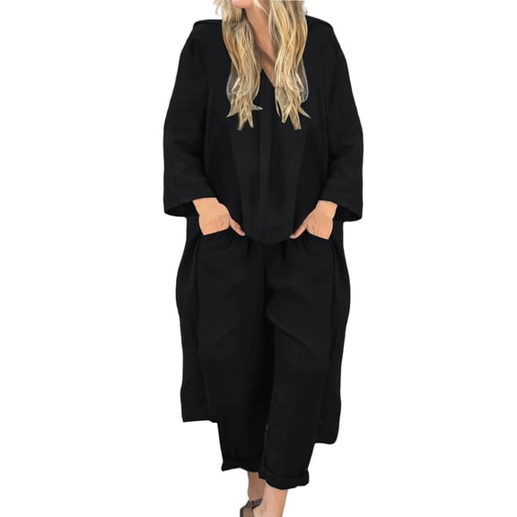 NMMUED 2 Piece Sets for Women Pants Sets Women 2 Piece Outfits Linen Two Piece Set Women Long Sleeve Two Piece Sets for Women Lounge Sets for Women, Black M