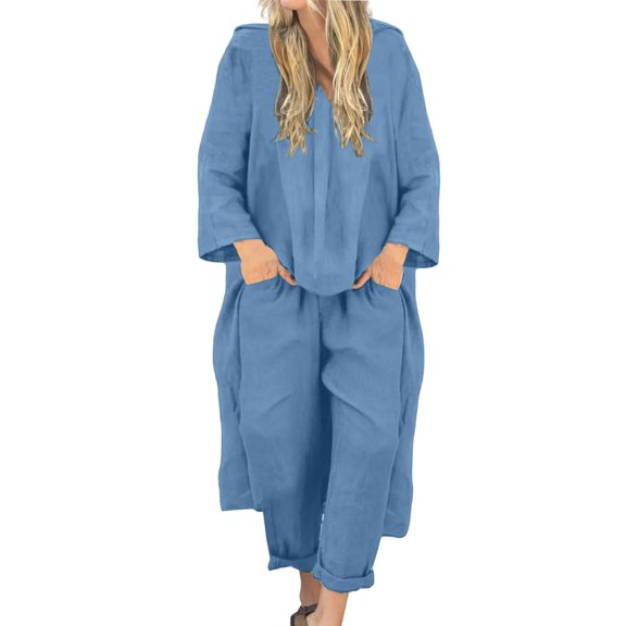 NMMUED 2 Piece Sets for Women Pants Sets Women 2 Piece Outfits Linen Two Piece Set Women Long Sleeve Two Piece Sets for Women Lounge Sets for Women, Blue L