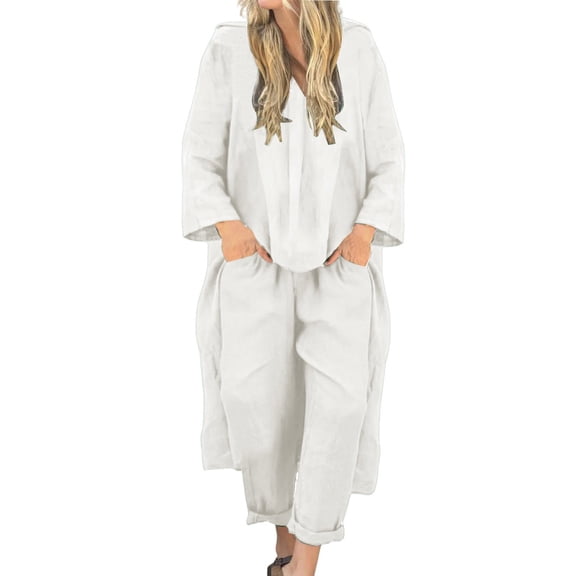 NMMUED 2 Piece Sets for Women Pants Sets Women 2 Piece Outfits Linen Two Piece Set Women Long Sleeve Two Piece Sets for Women Lounge Sets for Women, White L