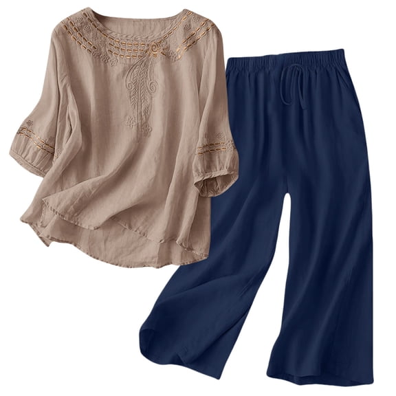 NMMUED 2 Piece Sets for Women Summer Linen Sets for Women 2 Piece 2 Piece Lounge Set Women Gauze Sets for Women 2 Piece Matching Sets Women Clothing, Khaki L