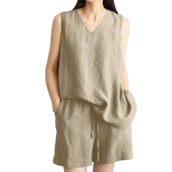 NMMUED 2 Piece Sets for Women Summer Short Sets for Women Linen Two Piece Set Women Tank Top and Shorts Set Women Gauze Sets for Women 2 Piece, Khaki XL