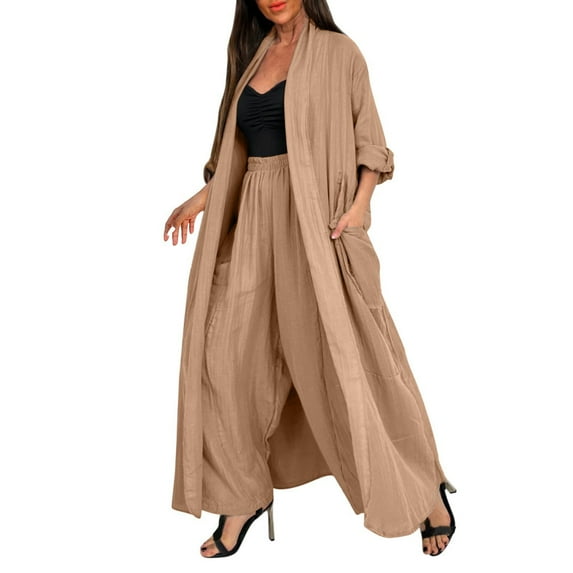 NMMUED 2 Piece Sets for Women Cardigan Sets Long Cardigan Wide-leg Trousers Matching Sets Women Clothing Pants Sets Women 2 Piece Outfits, Khaki L