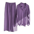 thumbnail image 1 of NMMUED 2 Piece Sets for Women Long Sleeve Sets for Women Womens Linen Set Travel Outfits for Women Button Down Shirts and Long Pants Sets, Purple XL, 1 of 5