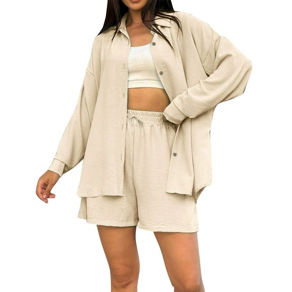 NMMUED 2 Piece Sets for Women Short Sets for Women Pajamas for Women Set Button Up Sets for Women Oversized Shirts and Shorts, Beige XXL