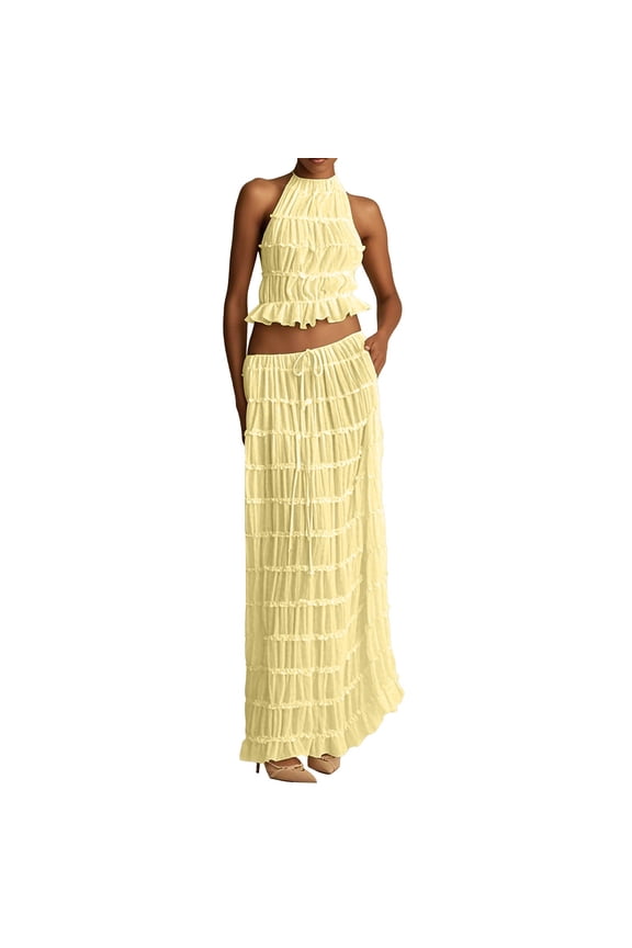 2 Piece Skirt Sets for Women Maxi Skirt Set Smocked Skirt Set Long Skirt Set Crop Top and Skirt Sets Women, Yellow M