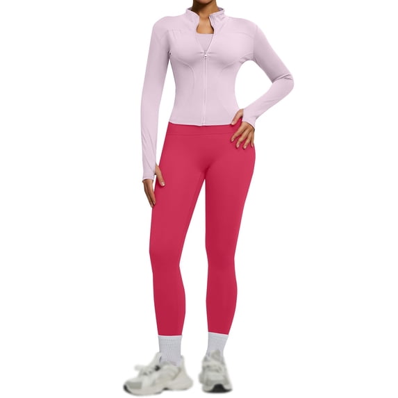 NMMUED 2 Piece Workout Sets for Women Zip Up Jacket Matching High Waist Leggings Sets Women Gym Outfit Sets Light Pink L