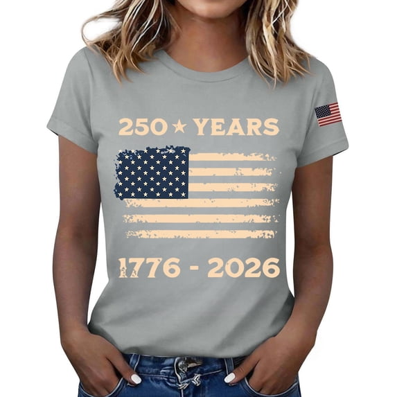 NMMUED 250 Years America Anniversary Flag Shirt Women 4th of July Shirts Patriotic Independence Day Short Sleeve Outfit Gray M