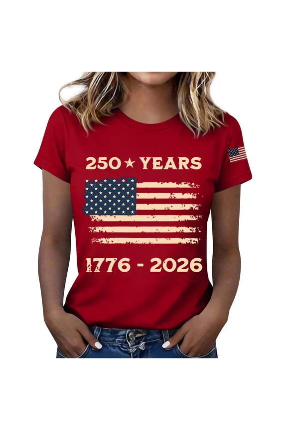 250 Years America Anniversary Flag Shirt Women 4th of July Shirts Patriotic Independence Day Short Sleeve Outfit Red M
