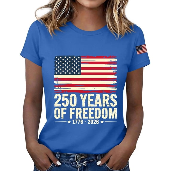 NMMUED 250 Years of Freedom Patriotic 4th of July Shirts Women American Flag Graphic Short Sleeve T-shirt Independence Day Summer Wear Blue L