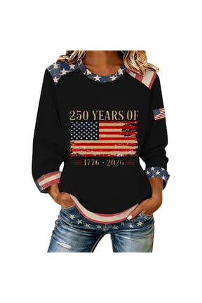 250th Anniversary USA Shirt Floral Tops USA Sweatshirt Independence Day USA Graphic Patriotic Casual 1776–2026 Patriotic Shirt Fourth of July Shirts for Women Black S
