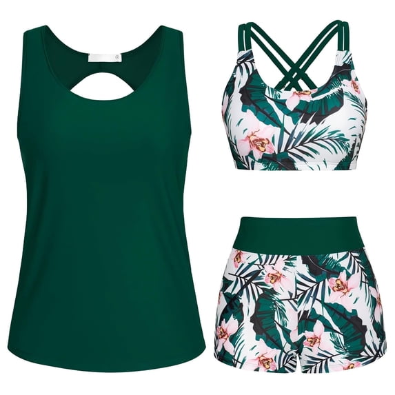NMMUED 3 Piece Swimsuits for Women Tankini Sets Modest Bathing Suits with Shorts Swimwear 2026 Green XL