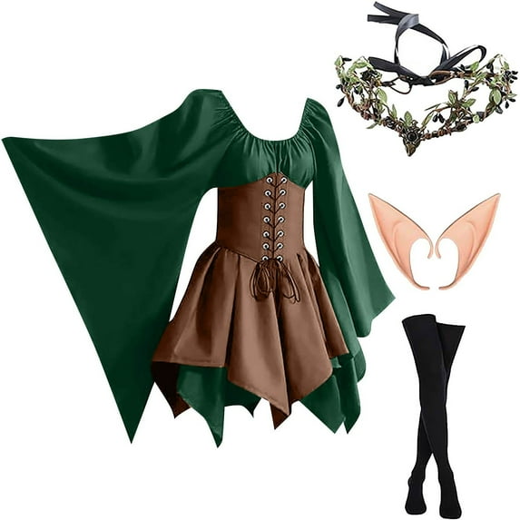 NMMUED 4 Pcs Medieval Costume Women Renaissance Dress Victorian Dress for Women Renaissance Costume Women, Green 2 L