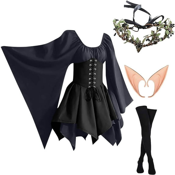 NMMUED 4 Pcs Medieval Costume Women Renaissance Dress Women Victorian Dress for Women Renaissance Costume Women, Black XL