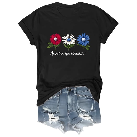 NMMUED 4th of July Shirt Women Short Sleeve Patriotic T-shirt Independence Day Printed Going Out Tops for Women Usa Shirts for Women Usa Outfit Women Black S