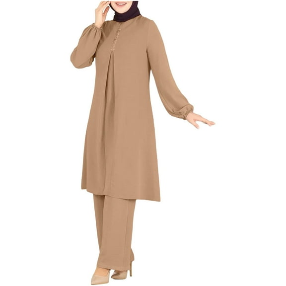 NMMUED Abayas for Women Muslim Dresses for Women Abaya Dress for Women Muslim Set Long Sleeve Dress Shirt with Pants /, Khaki XXXXXL