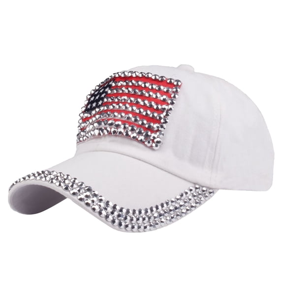 NMMUED American Flag Caps Rhinestone Usa Baseball Caps Bling Sparkle Independence Day 4th of July Hats Adjustable Cotton Stars Stripes Ball Cap 4th of July Accessories White One Size