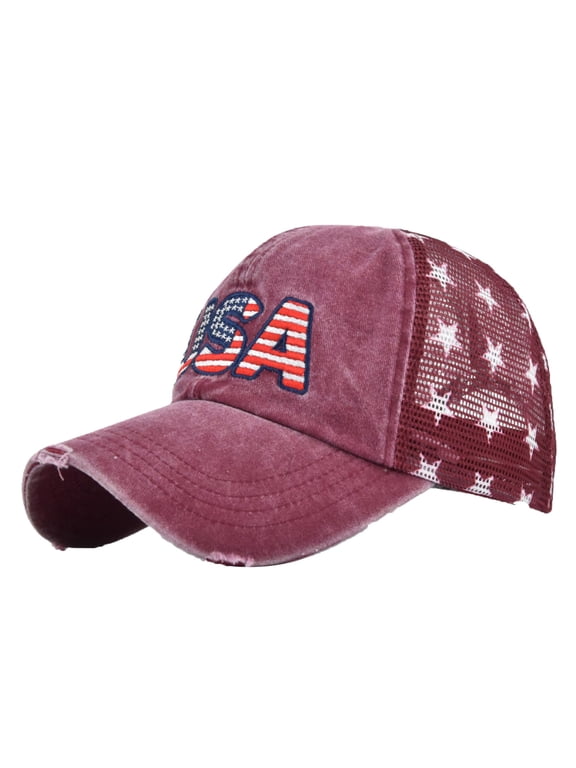 American Flag Trucker Hat, Snapback Mesh Usa Flag Baseball Caps, 4th of July for Men Women 4th of July Accessories Wine One Size