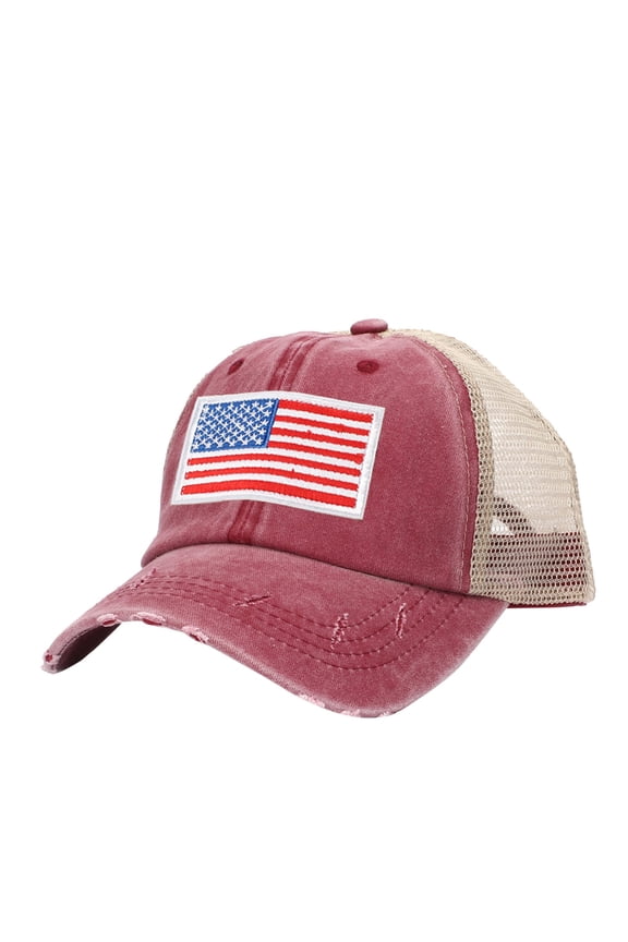 American Flag Trucker Hat, Snapback Mesh Usa Flag Baseball Caps, 4th of July for Men Women Usa Accessories Wine One Size