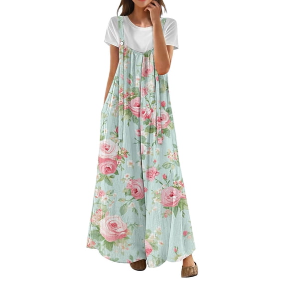 NMMUED Baggy Overalls for Women Floral Overalls for Women Linen Overalls Boho Outfits for Women Wide Leg Jumpsuits for Women, Light Blue XXL