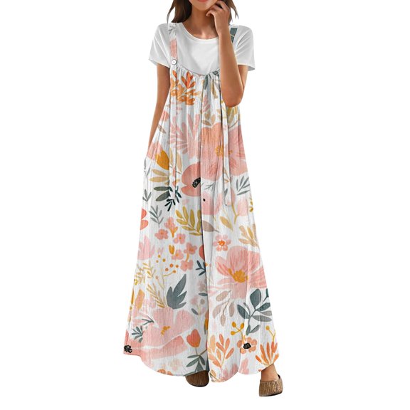 NMMUED Baggy Overalls for Women Floral Overalls for Women Linen Overalls Boho Outfits for Women Wide Leg Jumpsuits for Women, Light Pink M