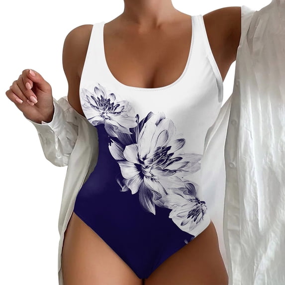 NMMUED Bathing Suits for Women One Piece Tummy Control Swimsuit Hourglass Illusion Slimming Striped Floral Full Coverage Swimwear Summer Vacation Beachwear Dark Blue XXL