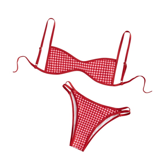 NMMUED Bathing Suits for Women Two Piece Bikini Set Gingham Plaid Swimsuits Checkered High Cut Bottom Swimwear Chic Summer Vacation Tropical Cruise Beachwear Outfits Red S